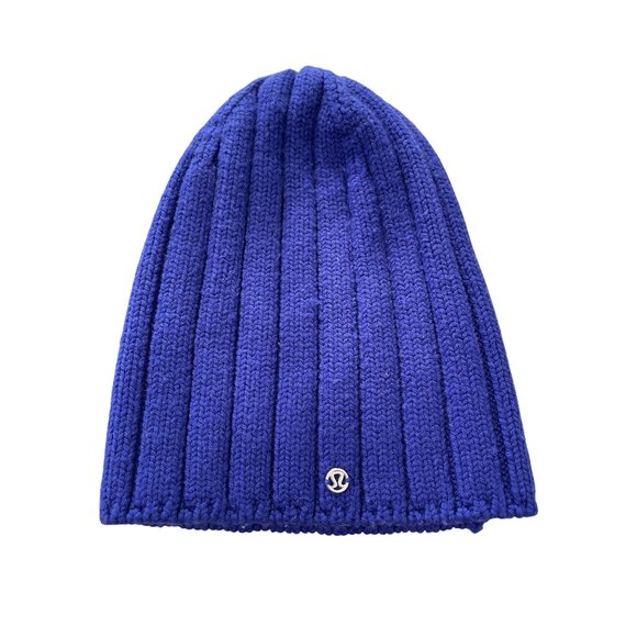 Lululemon Beanie One Size Blue Ribbed Knit Merino Wool Blend Warm Winter Hat - Picture 1 of 6